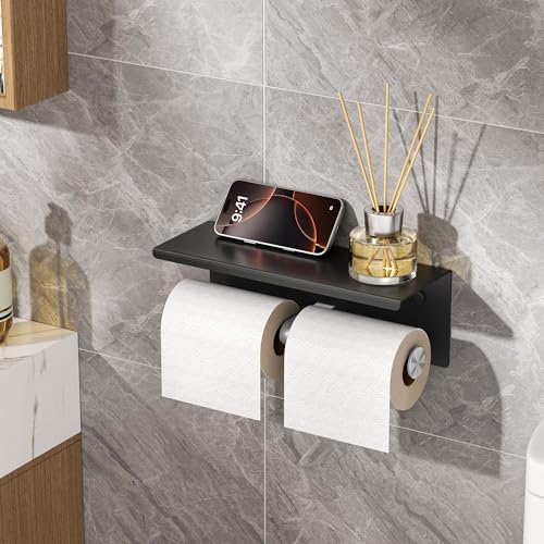 FORIOUS Toilet Paper Holder with Shelf, Commercial Toilet Paper Dispensers | Black & Brushed Nickel | Wall Mount Bathroom Tissue Holder | SUS304 Stainless Steel Rustproof | Double Tissue Roll Holder - color: Matte Black & Stainless Steel
