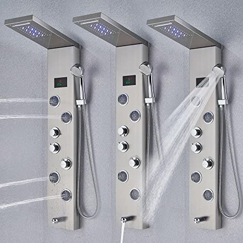 MObyat LED Rainfall Shower Panel Tower Stainless Steel Waterfall Massage Body Jets Set