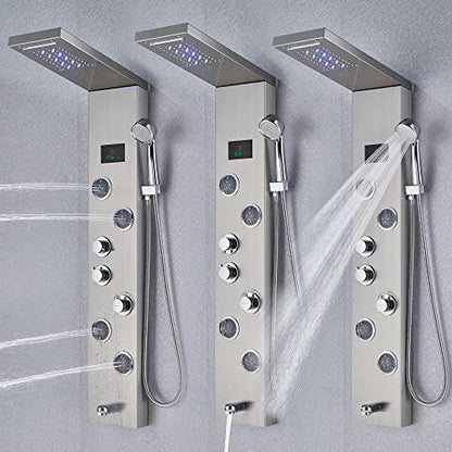 MObyat LED Rainfall Shower Panel Tower Stainless Steel Waterfall Massage Body Jets Set
