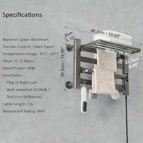 Towel Warmer Rack, Space Aluminum Electric Heated Towel Racks for Bathroom, 4 Bars Wall Mounted Bath Towel Heater with Built-in Timer&Temperature Adjustment, Plug-in, Gray - color: Gray