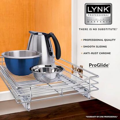 LYNK PROFESSIONAL® Pull Out Cabinet Organizer, Kitchen Slide Out Drawer | 14W x 21D chrome rollout shelf creates easy-access storage for cookware, pantry items and kitchen essentials inside cabinets - size: 14" W x 21" D