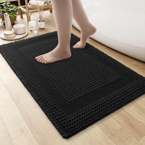 AMOAMI Waffle Bath-Mat, Absorbent Bath Mats for Bathroom Non Slip, Machine Washable Bathroom Rugs with Tassels Ultra Soft Boho Bath Rugs for Floor 24"x36" Black - color: Black, size: 24"x36"