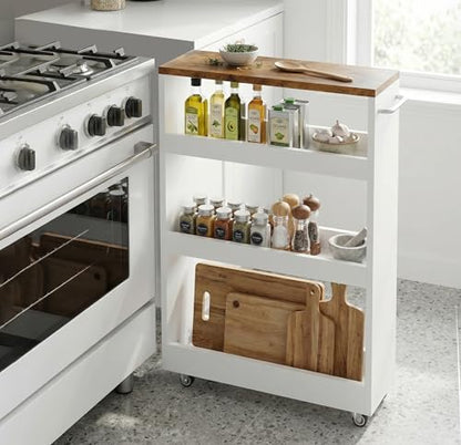 TEAMIX Wood 4-Tier Slim Rolling Storage Cart, 7.9"W, 24.8"D, 36.7"H, White | Height Adjustable, 360°Swivel Wheels, Deeper & Taller, Use as Narrow Kitchen Cart, Laundry Organizer Between Washer & Dryer - color: White