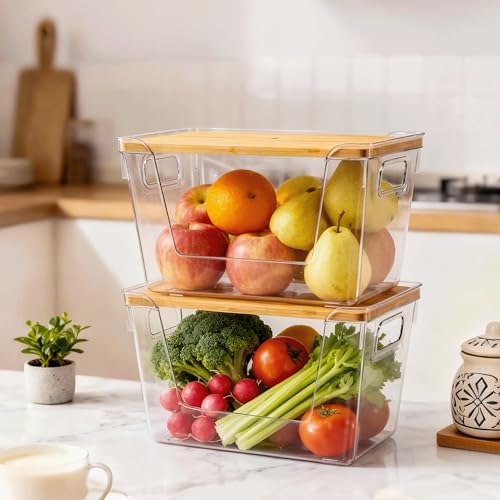 2 Set Pantry Organizers and Storage with Bamboo Lids, Stackable Clear Bins for Onion, Potato, Fruit, Vegetables, Trash Bag Dispenser, Kitchen and Under Sink Organizer - size: 2 Pack Large