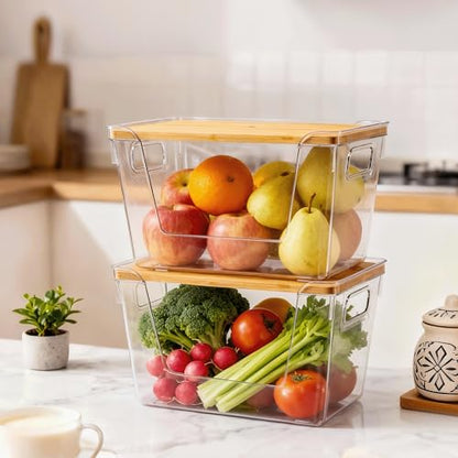 2 Set Pantry Organizers and Storage with Bamboo Lids, Stackable Clear Bins for Onion, Potato, Fruit, Vegetables, Trash Bag Dispenser, Kitchen and Under Sink Organizer - size: 2 Pack Large
