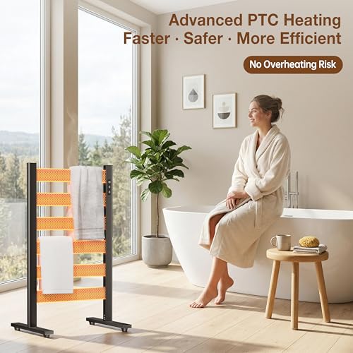 6-Bar Freestanding Heated Towel Warmer with PTC Fast Heating | 170°F Adjustable Temperature, 2-12H Timer & Memory Function, Freestanding Design, Wide Bar Rack for Towels, Matte Black - color: Black