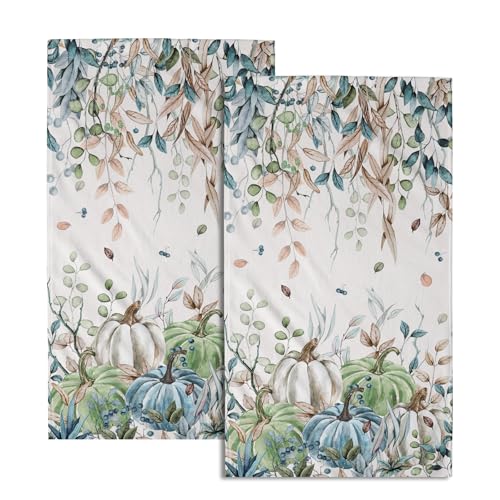 Giwawa Fall Hand Towel Set of 2, Autumn Leaf Green Blue Pumpkins Seasonal Decorative Towels, Colorful Harvest Thanksgiving Face Fingertip Towel Dish Wash Cloth for Bathroom Hotel Gym Home Spa - color: Fall Pumpkin Blue