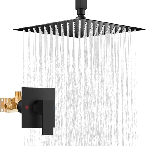 Airuida 12 Inch Matte Black Shower Faucet Set,Rainfall Shower System | Ceiling Shower Head,Male Thread Rough-in Valve,Ceiling Mount,Single Handle - color: Matte Black, size: 12 Inch