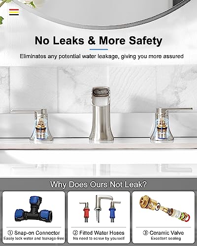 Brushed Nickel Widespread Bathroom Faucet, 2 Handles Waterfall Faucet, Bathroom Faucets for Sink 3 Hole, 8 Inch Solid Brass Bathroom Sink Faucets for Vanity Lavatory Restroom with Pop Up Drain - color: Brushed Nickel, style: WITH Pop Up Drain