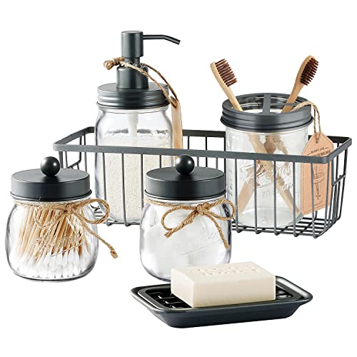 SheeChung Mason Jar Bathroom Accessories Set, 6Pcs Rustic Bathroom Set,Grey | Glass Bathroom Accessory Set, Soap Dispenser, Toothbrush Holder, 2 Qtip Holders,Soap Dish,Wire Basket,Western Farmhouse Decor - color: Vintage Grey