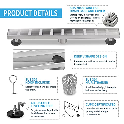 Linear Shower Drain 28 Inch, Professional Brushed SUS-304 Stainless Steel Shower Drain, 51L/Min Fast Drainage Floor Linear Drain, US Standard CUPC Certified, Brushed Silver, SD-109 - color: Brushed Silver, size: 28 Inch