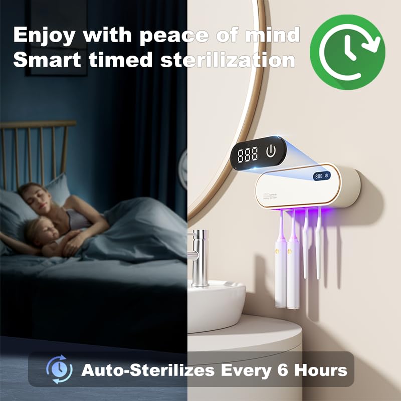 UV Toothbrush Sanitizer Holder for 4 | Wall Mounted Toothbrush Holder for Bathroom with Fan Drying | USB Rechargeable Toothbrush Cleaner & Sterilizer, No Drill Install, Modern Design (White) - color: White Ⅱ