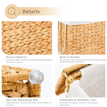 Handwoven Slim Laundry Hamper with Lid, Narrow Wicker Laundry Basket, Natural Water Hyacinth Basket and Handleswith Removable Liner Bag & 2 Mesh Bags (Natural with Lid, 55L) - color: Hyacinth with Lid, size: 55L