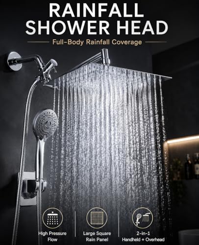 Rain Shower Head with Handheld, 10" Dual Shower Combo, Chrome | 304 stainless steel rainfall head, adjustable extension arm, 5 spray modes, anti-clog nozzles, easy bathroom upgrade
