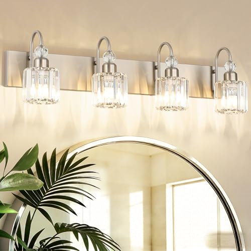 Ralbay 4-Light Crystal Vanity Light for Bathroom Brushed Nickel Modern Bathroom Light Fixtures - color: Round-Brushed Nickel, size: 4-light
