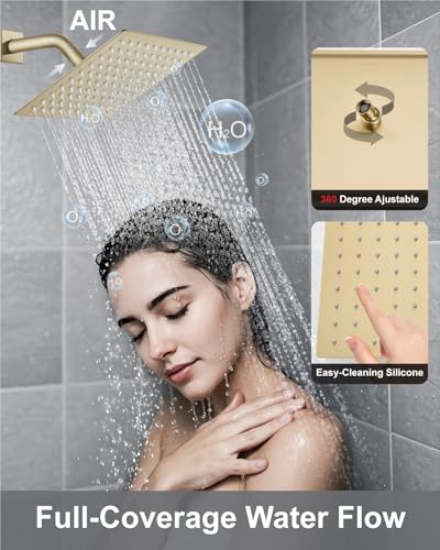 Aolemi Shower System with Rain Head and Handheld,8-Inch,Brushed Gold | High-Pressure Shower Faucet Set with Dual-Function Handheld,Rough-In Valve,1.8 GPM,Wall-Mount Trim Kit - color: Brushed Gold, size: 8 Inch