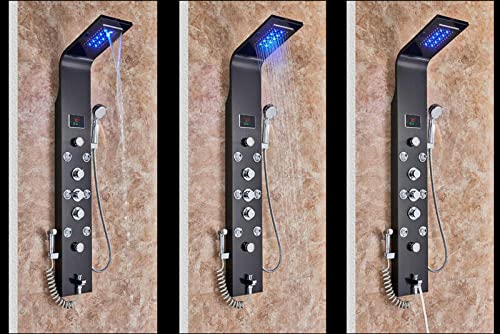 Stainless Steel Shower Panel Tower System LED Rainfall Waterfall Shower Head 6-Function Faucet Rain Massage System with Body Jets