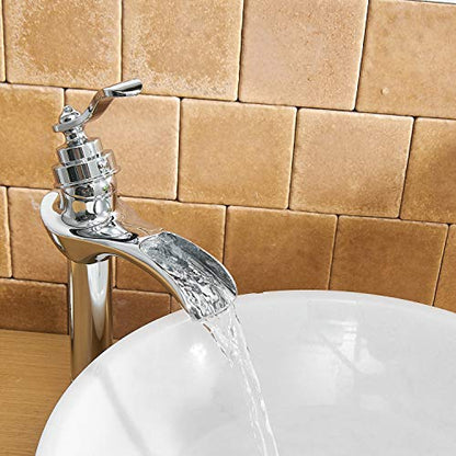 BWE Chrome Vessel Sink Faucet Waterfall Bathroom Faucets 1 Hole | Single Handle Bathroom Vanity Faucet with Pop Up Drain Stopper Assembly and Supply Hose Lavatory Mixer Tap Tall Body - color: Chrome