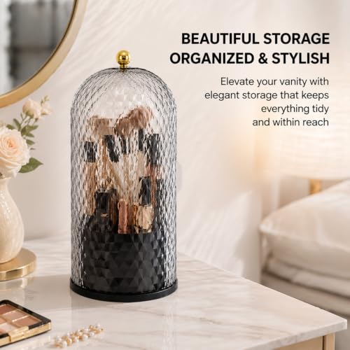 Toothbrush Holder with Cover,3 Compartment Rotating Countertop | Dust-Proof Sliding Lid Bathroom Organizer for Toothpaste, Makeup Brushes Holder with Makeup Bag, Vanity Storage – Black