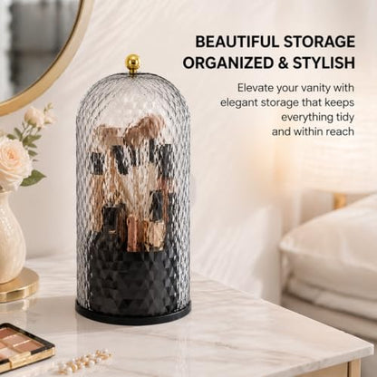 Toothbrush Holder with Cover,3 Compartment Rotating Countertop | Dust-Proof Sliding Lid Bathroom Organizer for Toothpaste, Makeup Brushes Holder with Makeup Bag, Vanity Storage – Black
