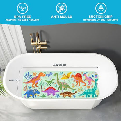 Baby Bath Mat for Tub Non Slip Kids, BPA Free Extra Long Bathtub Mat 40x16 with Drain Holes and 200 Suction Cups, Non Toxic Machine Washable Toddler Bath Mat, Eco-Friendly Certified - color: L-dense Dinosaurs-2