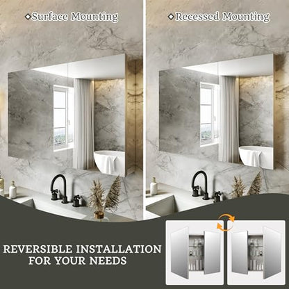 36 x 24 in Medicine Cabinet with Mirror and Side Panels, Silver | Surface or Recessed Medicine Cabinet Mirror with Storage, Adjustable Shelves, Aluminum Alloy Frame, Assembly Required - size: 36''x24''
