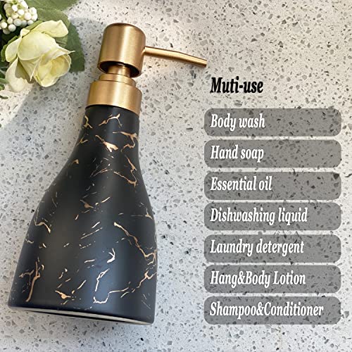 Ceramic Soap Dispenser with Marble Pattern - Black Dispenser for Bathroom and Kitchen - Liquid Hand Soap Pump Bottle - color: Black Marble Cone Bottle