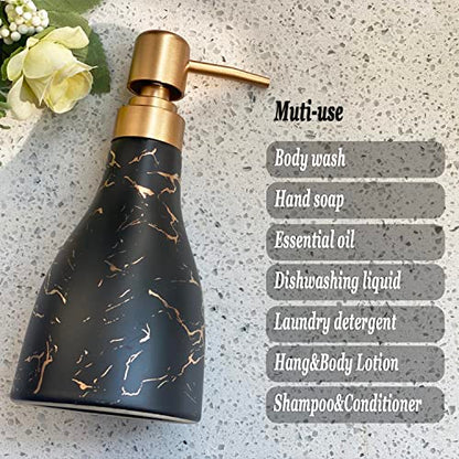 Ceramic Soap Dispenser with Marble Pattern - Black Dispenser for Bathroom and Kitchen - Liquid Hand Soap Pump Bottle - color: Black Marble Cone Bottle