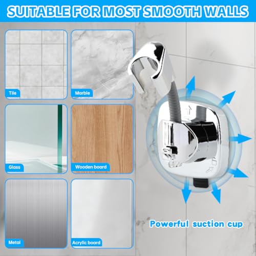 Shower Head Holder, Adjustable No-Drill Wall Mount for Suction Cup Handheld Shower, 360° Rotation ABS Shower Bracket with Hook, Fits RV/Apartments/Bathrooms