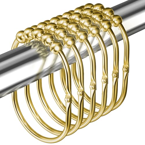 MENGJINGO 12PCS Wide Shower Curtain Hooks Rings, Rust Proof Stainless Steel | Heavy Duty Shower Hooks Rings for Bathroom Shower Rods Curtains Liners, Easy Glide Rollers, Set of 12, Gold - color: Gold