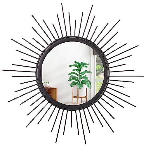 Sunburst Wall mirror Black Small Spoked Wall Decor Mirror Bohemian Home Round Modern Metal Wall Art Mirror for Living room Hallway Bedroom Bathroom Balcony Farmhouse Entrance 12" - color: Sunburst-black, size: 12"L x 12"W