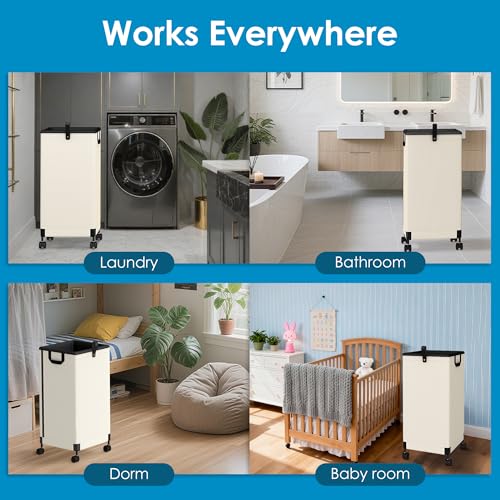 2Pcs Laundry Basket With Wheels 105L, Large Rolling Laundry Hamper With Removable Bag, Metal Frame Collapsible Dirty Clothes Bin, Cloth Organizer Hampers Pull Handle For Bathroom, Dorm, Bedroom White - color: White - 2 Pack