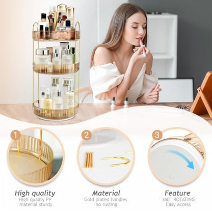 360 Rotating Makeup Organizer, 3 Tier Vanity Counter Storage (Gold) | Clear Acrylic-Like Trays with Gold Frame, 360° Spinning, for Vanity, Bathroom, Perfume, Cosmetics, Skincare - color: New-GOLD2