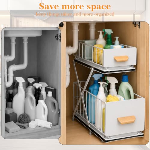 Under Sink Organizer, Adjustable Height (12.6"-15.4") Under Cabinet Storage, 2 Tier Pull Out Sliding Drawers, Foldable Under Sink Storage Rack, for Bathroom & Kitchen, White, 1 Pack