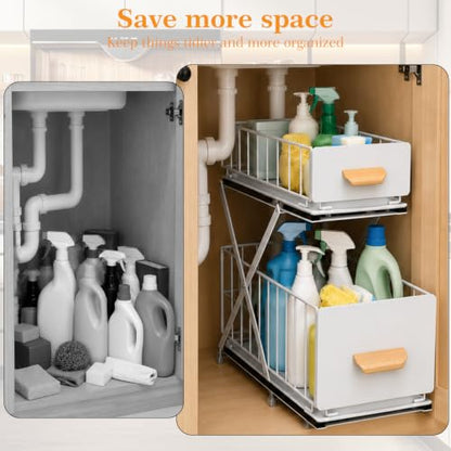 Under Sink Organizer, Adjustable Height (12.6"-15.4") Under Cabinet Storage, 2 Tier Pull Out Sliding Drawers, Foldable Under Sink Storage Rack, for Bathroom & Kitchen, White, 1 Pack