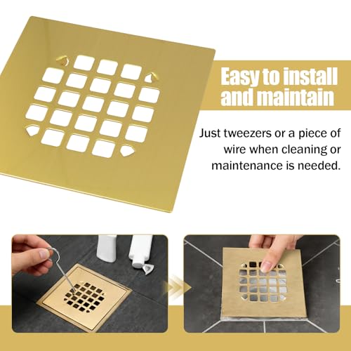 Gold Shower Drain Cover, Universal 4-1/4-inch Square Shower Drain Cover ﻿ | Snap-on Installation, Brushed Stainless Steel for Oatey Shower Drain