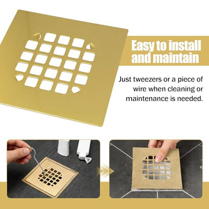 Gold Shower Drain Cover, Universal 4-1/4-inch Square Shower Drain Cover ﻿ | Snap-on Installation, Brushed Stainless Steel for Oatey Shower Drain