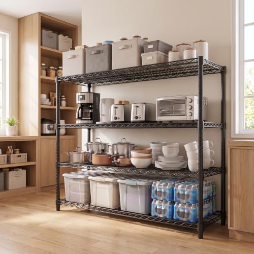 Garvee 2600LBS 4-Tier Storage Shelves Heavy Duty, Adjustable Metal Shelving | 55.1"Wx17.7"Dx63"H, Carbon steel wire shelving rack, free standing, tool-free assembly, for garage basement pantry, black - size: 55"Wx17.7"Dx63"H(4-Tiers)
