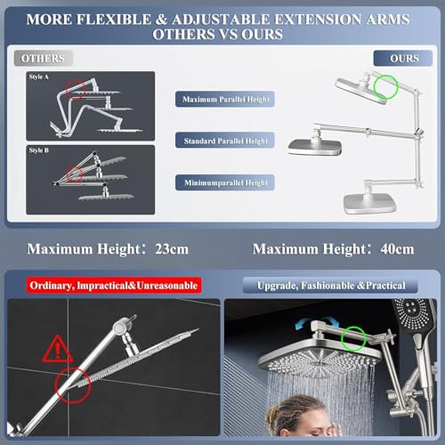 Rain Shower Head with Handheld Spray Combo, 12 Inch Rainfall Shower Heads with Adjustable Extention Arm, High Pressure Showerhead with 3-Way Diverter - Height/Angle Adjustable(Brushed Nickel) - color: Brushed Nickel, size: 12 Inch