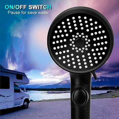 FOCSPROD RV Shower Head with Hose, High Pressure 5 Mode Shower Head Replacement, Handheld Showerhead for RV/Campers, Travel Trailer for Water Saving, Showerheads Holder and Hose, On Off Switch, Black - color: Matte Black