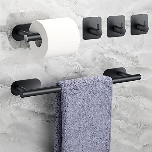 JiGiU 16-Inch Towel Bar, Self Adhesive Bath Hardware Set Bathroom Towel Holder with Toilet Paper Holder & 3 Packs Towel Hooks Stainless Steel Bathroom Hardware Accessory Kit, No Drilling-Black | Wall Mounted Towel Holder, Bathroom Accessories, Stainless S
