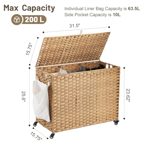 Laundry Hamper with Wheels, 52.8 Gallon(200L) Rolling Laundry Basket with Lid, Removable Large 3 Color Liners & 3 Mesh Laundry Bags, Clothes Hamper with Side Pocket, Natural - color: Natural, size: 31.5"L x 15.75"W x 25.6"H