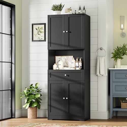 HIFIT Tall Bathroom Storage Cabinets, Modern Linen Storage Cabinet with 4 Doors & Shelves & Drawer, 67" H Tall Storage Cabinet Freestanding for Bathroom, Living Room, Kitchen & Dining, Pantry, Black - color: Black
