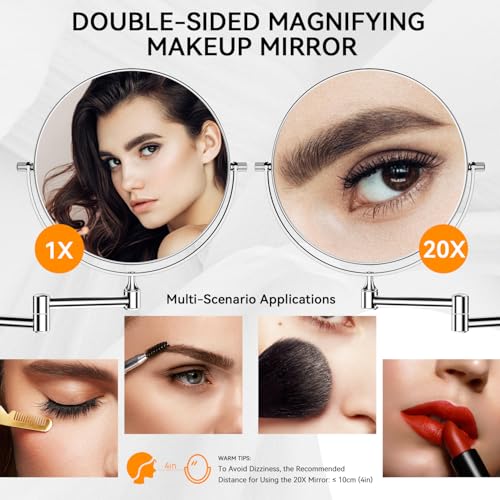 Auxmir 8" Double-Sided Wall-Mounted Makeup Mirror, 1X/20X Magnifying Mirror | stainless steel, 13-inch extendable swivel arm, 360°shaving rotation, bathroom makeup mirror, tweezers, Chrome - color: Chrome-1x/20x