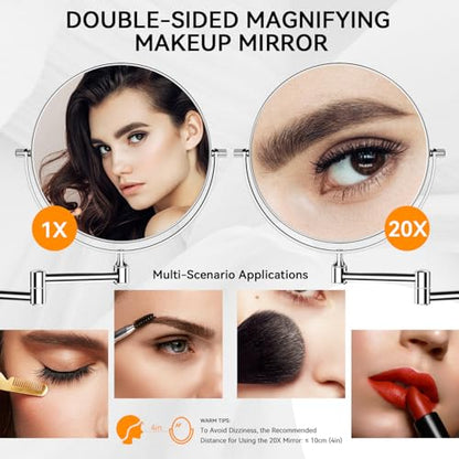 Auxmir 8" Double-Sided Wall-Mounted Makeup Mirror, 1X/20X Magnifying Mirror | stainless steel, 13-inch extendable swivel arm, 360°shaving rotation, bathroom makeup mirror, tweezers, Chrome - color: Chrome-1x/20x
