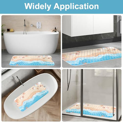 Shower Mat Non Slip, Yonala Premium Anti Slip Stylish Bath Tub Mat, 40 x 16 Inch Extra Large Bathtub Mat with Suction Cups and Drain Holes, Machine Washable - color: Sea Beach
