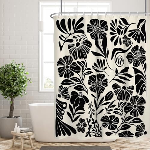 Black Boho Floral Shower Curtain, Minimalist Botanical Wildflower Pattern, 60x72 Inch Polyester Fabric for Bathroom, Modern Farmhouse Trippy Retro Aesthetic Decor, 12 Hooks - color: Black, size: 60"W x 72"L (Pack of 1)