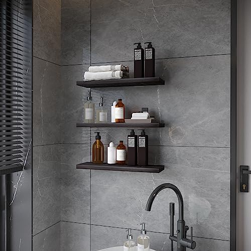 SAUMONIERES Floating Wall Shelves for Bedroom Bathroom Wall Mounted Solid Wood Shelf 24 Inch Set of 3, Espresso - color: Espresso, size: 24 Inch-3 shelves