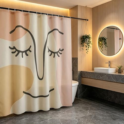 Gentle Smiling Face Linen Shower Curtain Set with Liner,72" Wx72 L | Double Layer Shower Curtain Waterproof Fabric with Zippered Removable PEVA Liner,Boho Shower Curtain for Bathroom,Free Hooks - color: Abstract Face