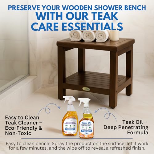 DecoTeak Eleganto 18" Teak Shower Bench with Shelf, Waterproof Stool | Shower bench with adjustable feet and non-slip rubber pads provides stable support on wet or uneven shower floors - size: 18" Length x 14" Width x 18" Height